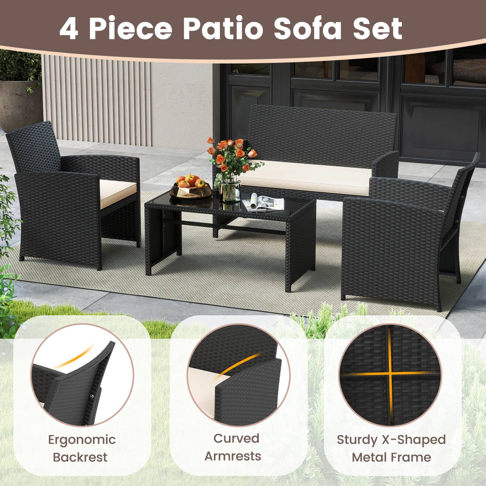 Alt View 8. Costway - Costway 4 PCS Patio Conversation Set with Seat Cushions & Tempered Glass Tabletop, Porch - White+Black.