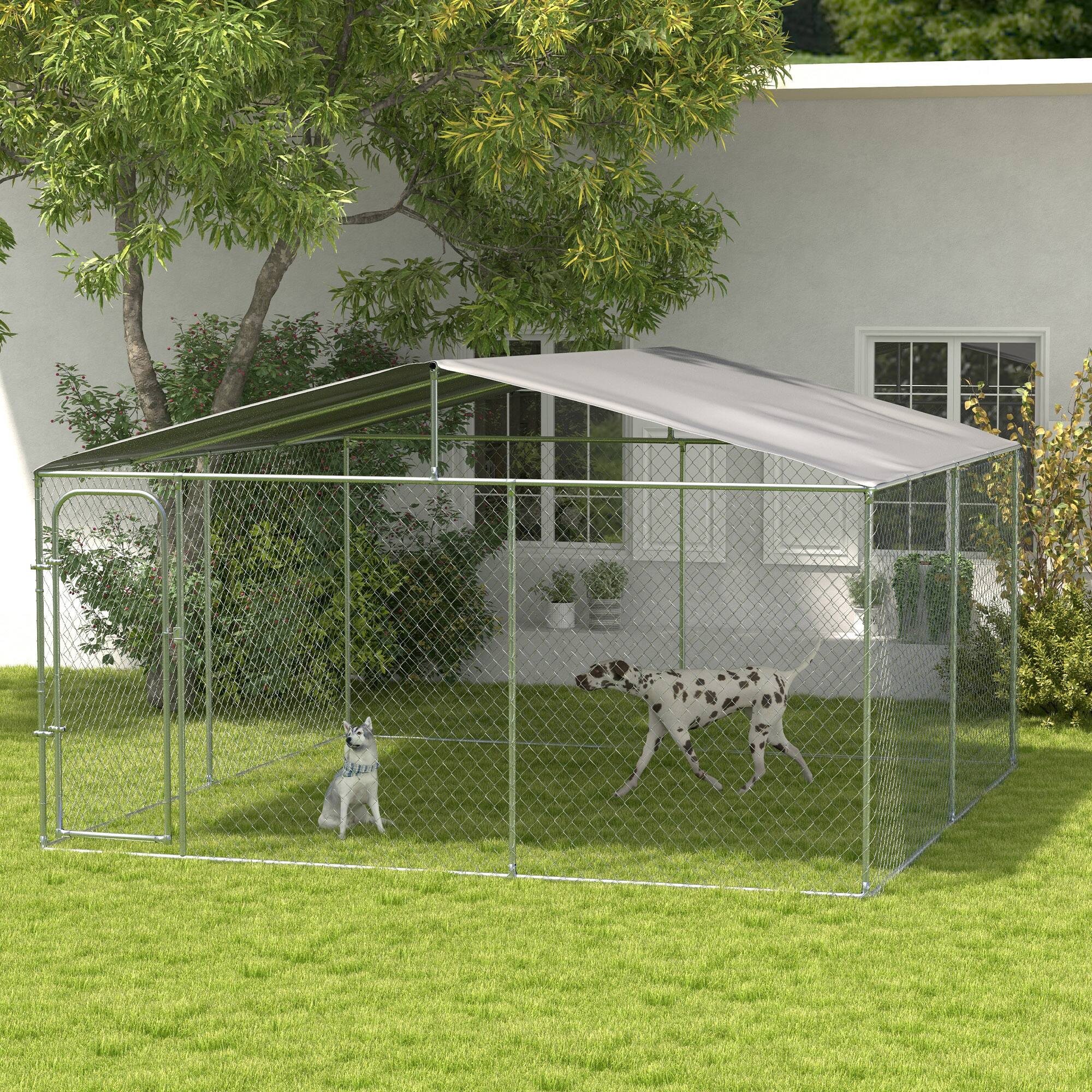 Angle. Pawhut - Large Dog Kennel Outside, Heavy Duty Run, Waterproof Cover, Fence, Galvanized Chain Link, Secure Lock, 13'x13'x7.5'.