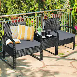 Gymax - 3PCS Patio Rattan Conversation Furniture Set Outdoor Yard w/ Grey Cushions - Black