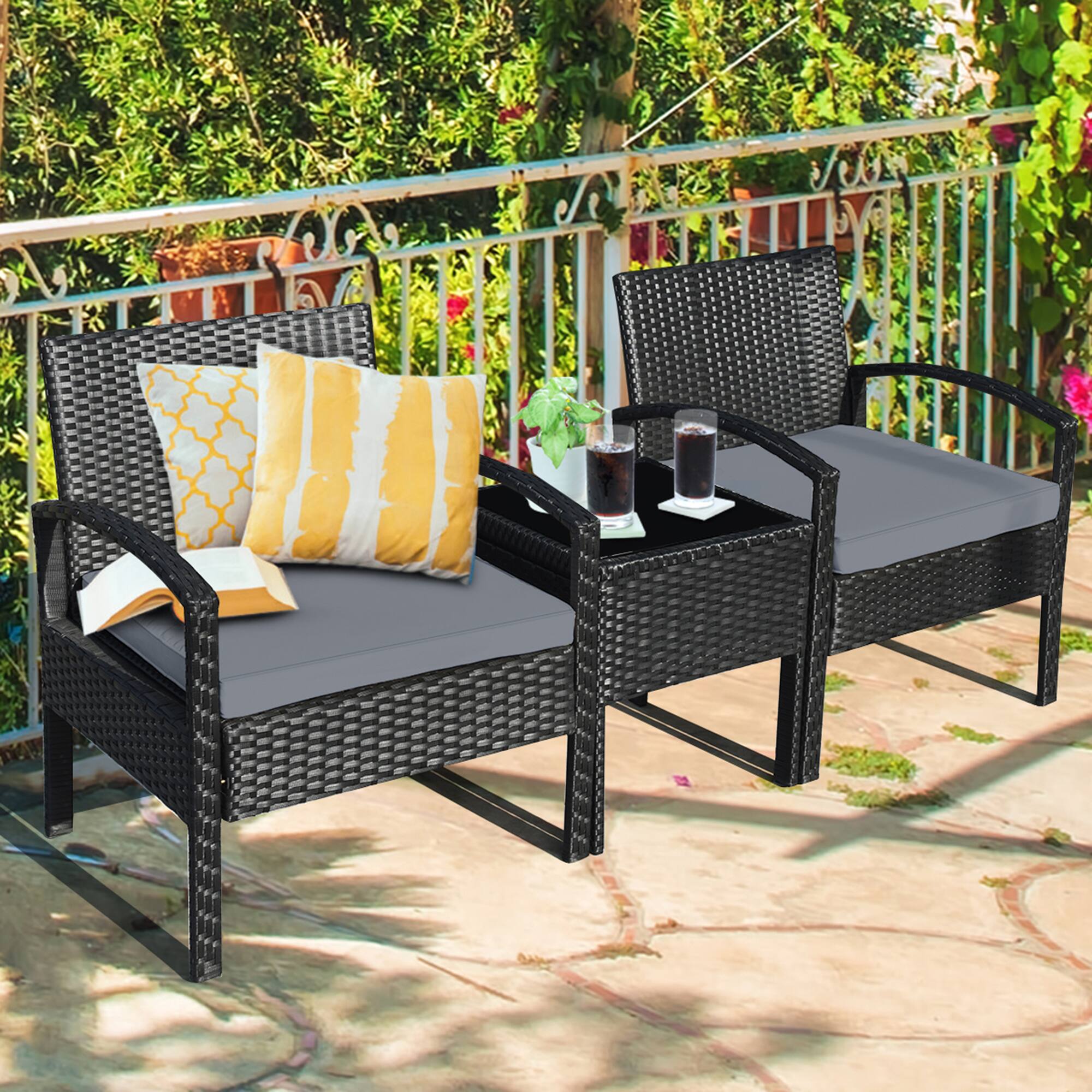 Gymax - 3PCS Patio Rattan Conversation Furniture Set Outdoor Yard w/ Grey Cushions - Black