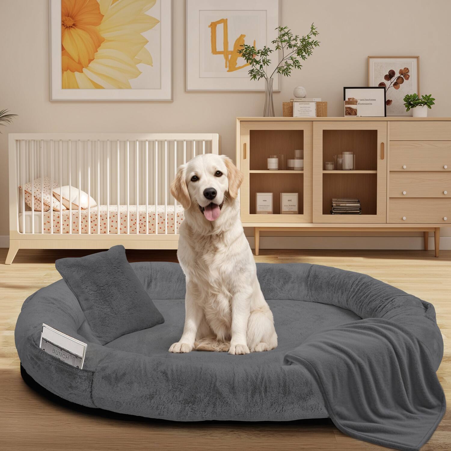 Alt View 4. Furryfection - Oversize Faux Fur Human dog Bed with Pillow and Blanket - Dark Grey.