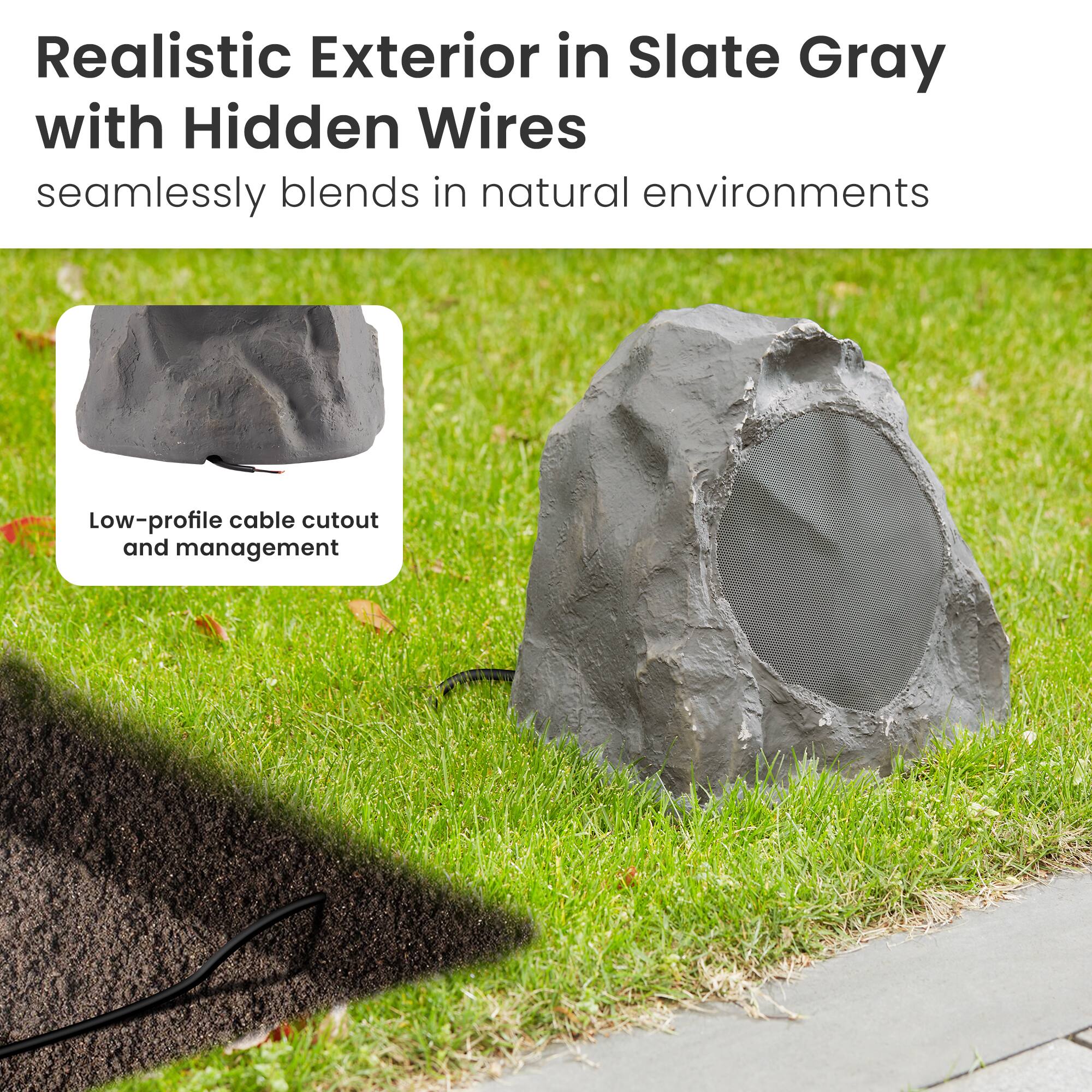 Realistic Exterior in Slate Gray with Hidden Wires  
seamlessly blends in natural environments  

Low-profile cable cutout and management