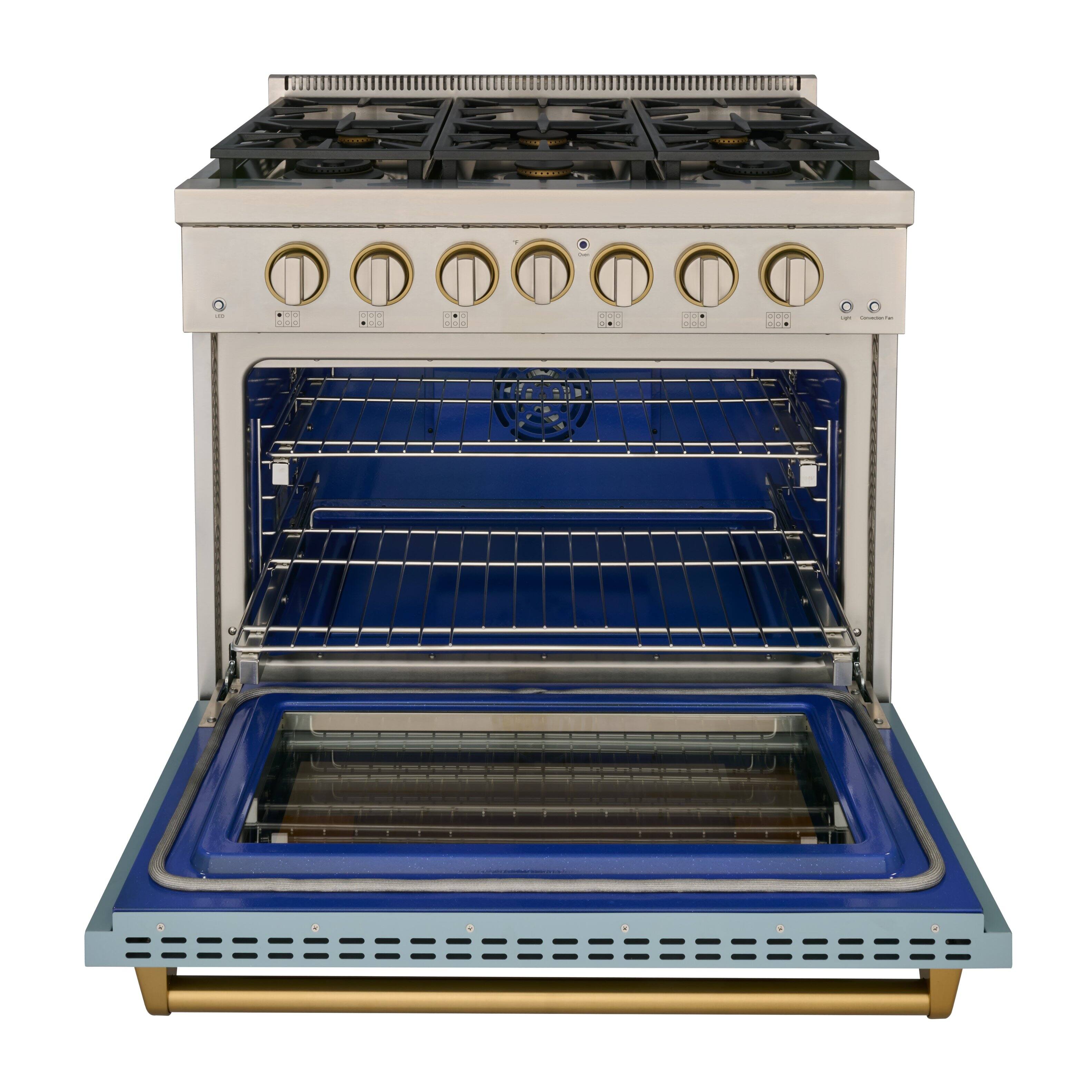 Alt View 1. Kucht - 36 in. 5.2 cu. ft. Natural Gas Range and Convection Oven in Light Blue with gold handle True Simmer Burners - Light Blue.