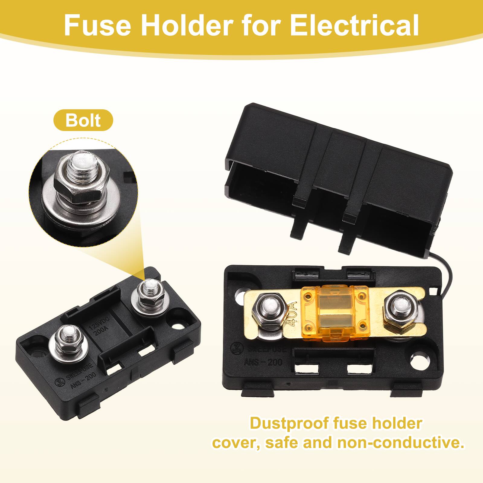 Fuse Holder for Electrical Bolt 125VDG 200A STEEPOUSE D8E ANS-200 200 ANS 40A SKEEPOSE ANS 200 Dustproof fuse holder cover, safe and non-conductive.