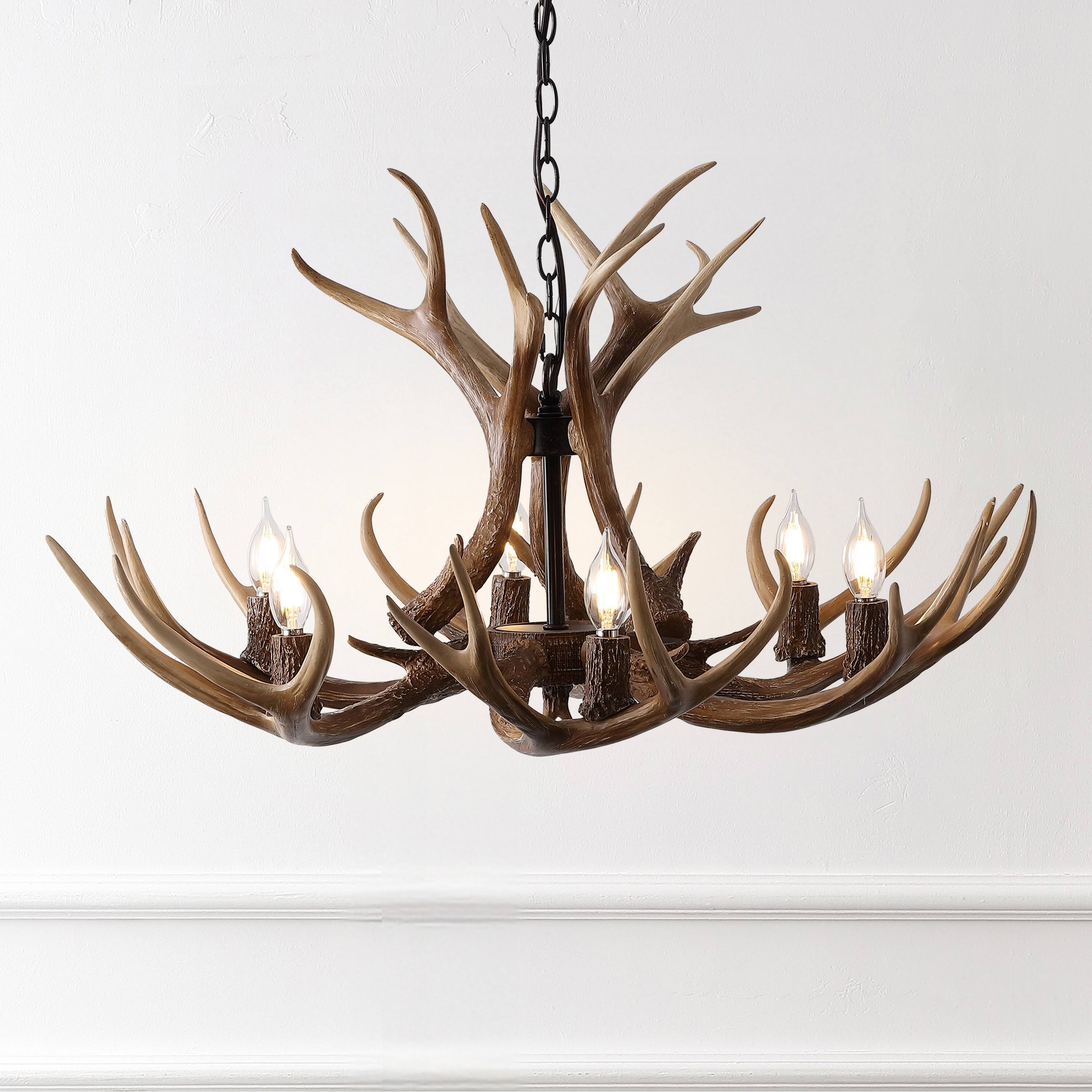 Alt View 1. Jonathan Y - Eldora 33" 6-Light Rustic Farmhouse Adjustable Resin Antler LED Chandelier, Brown - Brown.