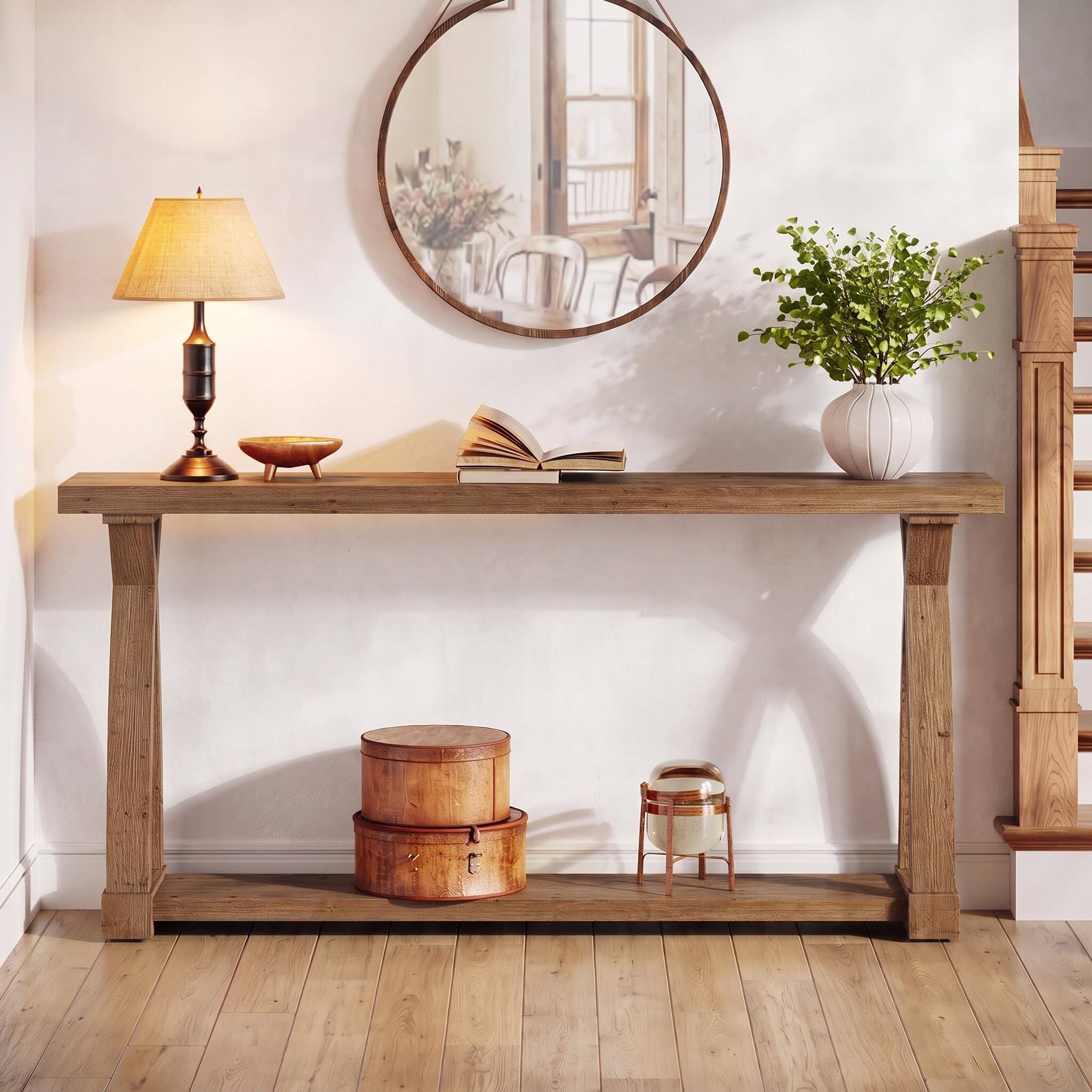 Back. Tribesigns - 63" Long Console Table, 2-Tier Entryway Table with Storage Shelf - Dark Brown.