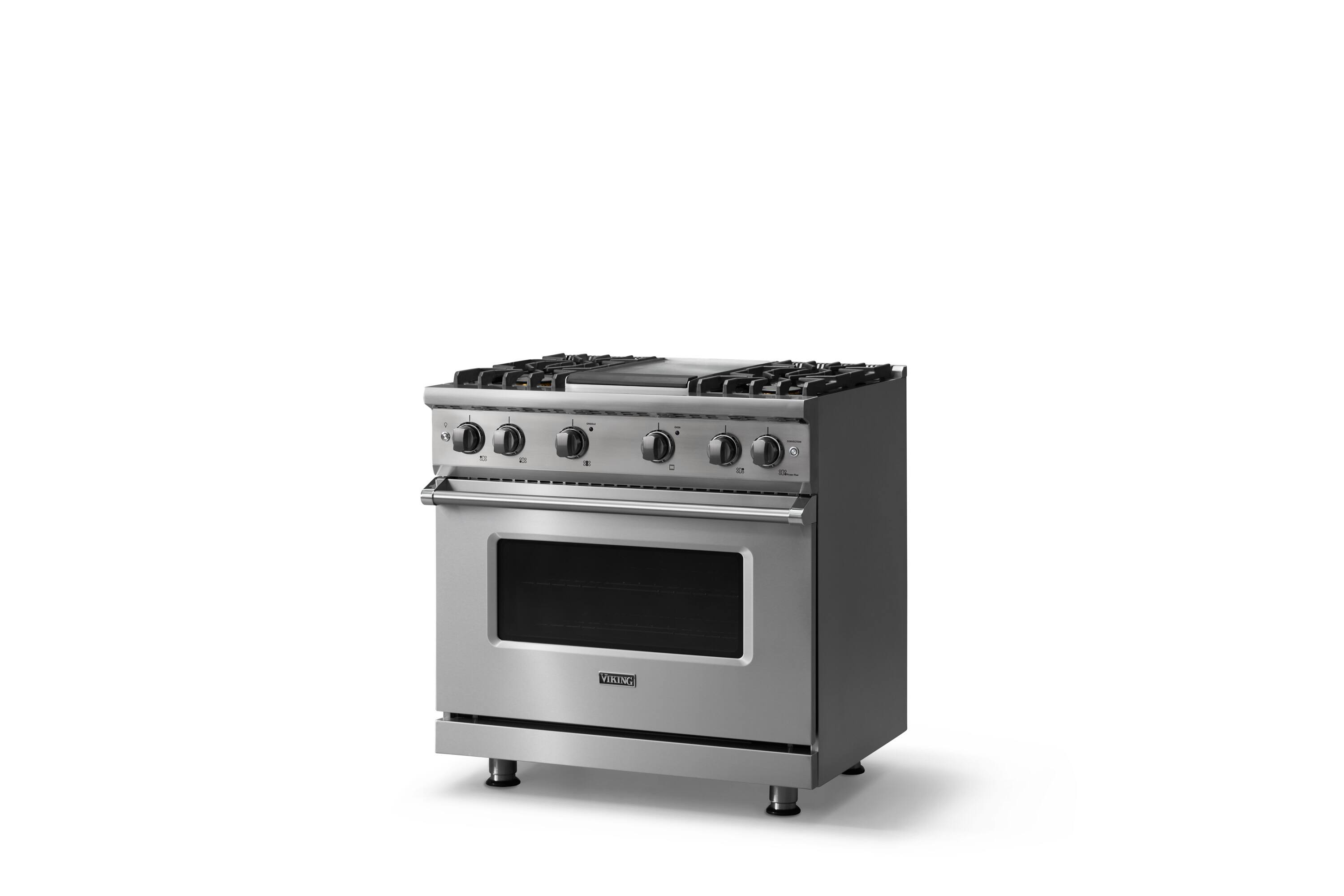 Angle. Viking - 36"W. 5.1 Cu. Ft. Freestanding Manual Clean Sealed 4 Burner Gas Convection Range/Griddle-Stainless Steel - Stainless Steel.