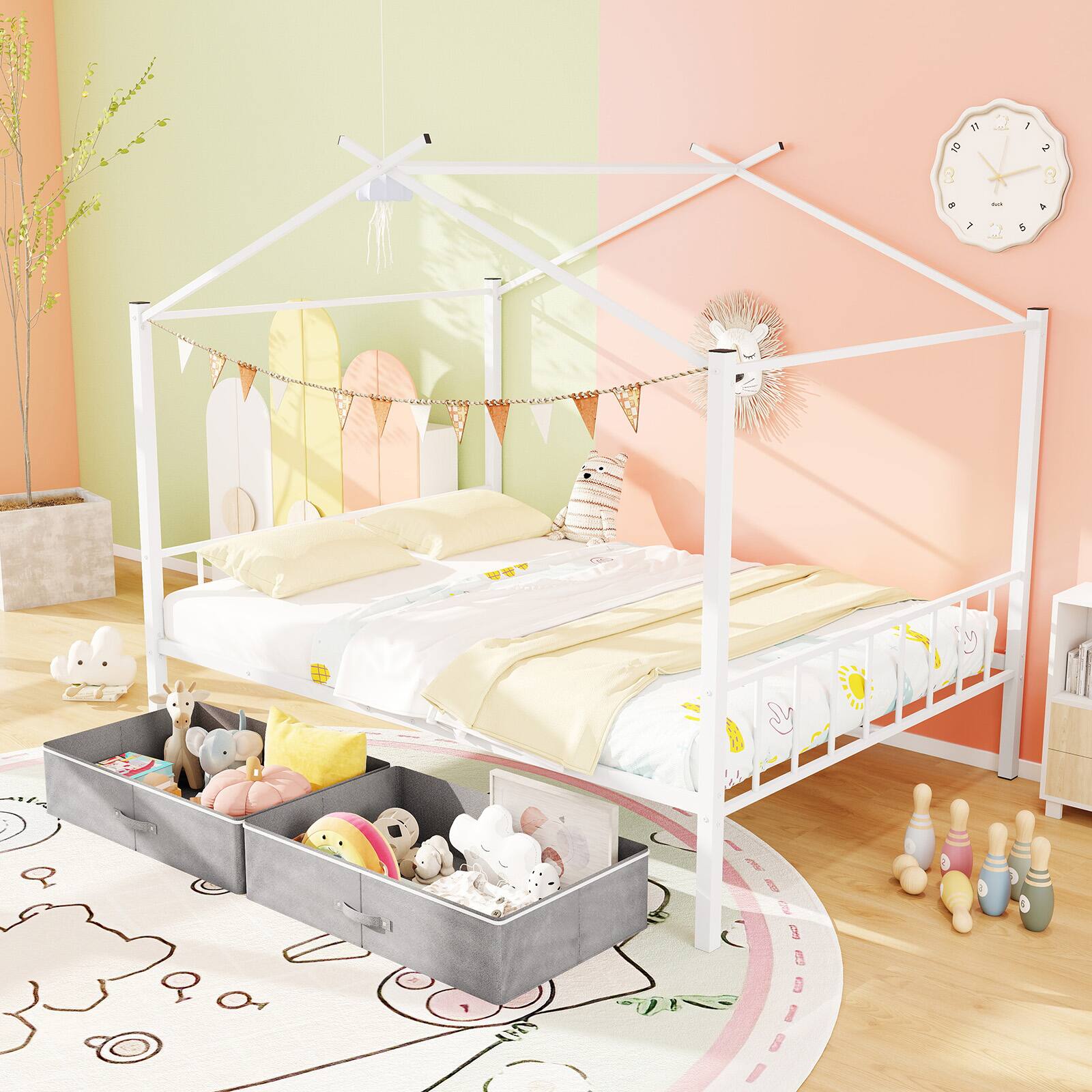 Alt View 4. Gymax - Gymax Full Size Metal House Bed w/ 2 Fabric Drawers Heavy-Duty Platform Bed White - White.