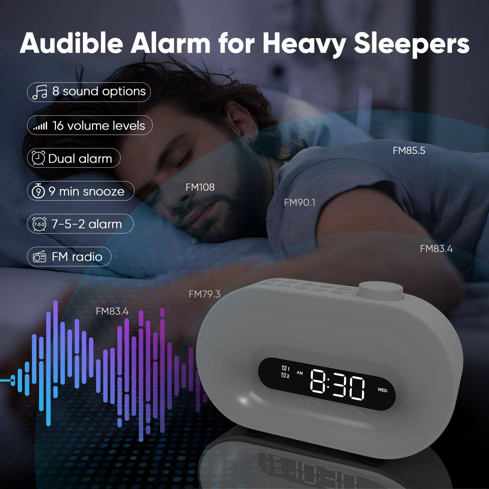 Audible Alarm for Heavy Sleepers

- 8 sound options
- 16 volume levels
- Dual alarm
- 9 min snooze
- 7-5-2 alarm
- FM radio

FM85.5  
FM108  
FM90.1  
FM83.4  
FM79.3  
FM83.4  

AM 8:30 WED