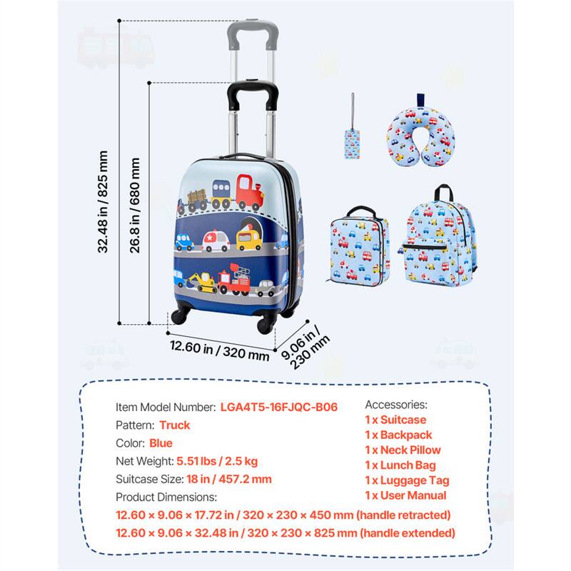 Item Model Number: LGA4T5-16FJQC-BO6  
Accessories:  
- 1 x Suitcase  
- 1 x Backpack  
- 1 x Neck Pillow  
- 1 x Lunch Bag  
- 1 x Luggage Tag  
- 1 x User Manual  

Suitcase Pattern: Truck  
Color: Blue  
Net Weight: 5.51 lbs / 2.5 kg  
Suitcase Size: 18 in / 457.2 mm  

Product Dimensions:  
- 12.60 x 9.06 x 17.72 in / 320 x 230 x 450 mm (handle retracted)  
- 12.60 x 9.06 x 32.48 in / 320 x 230 x 825 mm (handle extended)