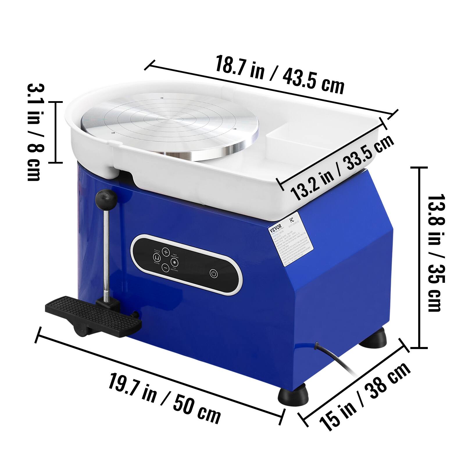 3.1 in / 8 cm, 18.7 in / 43.5 cm, 13.2 in / 33.5 cm, 13.8 in / 35 cm, 19.7 in / 50 cm, 15 in / 38 cm