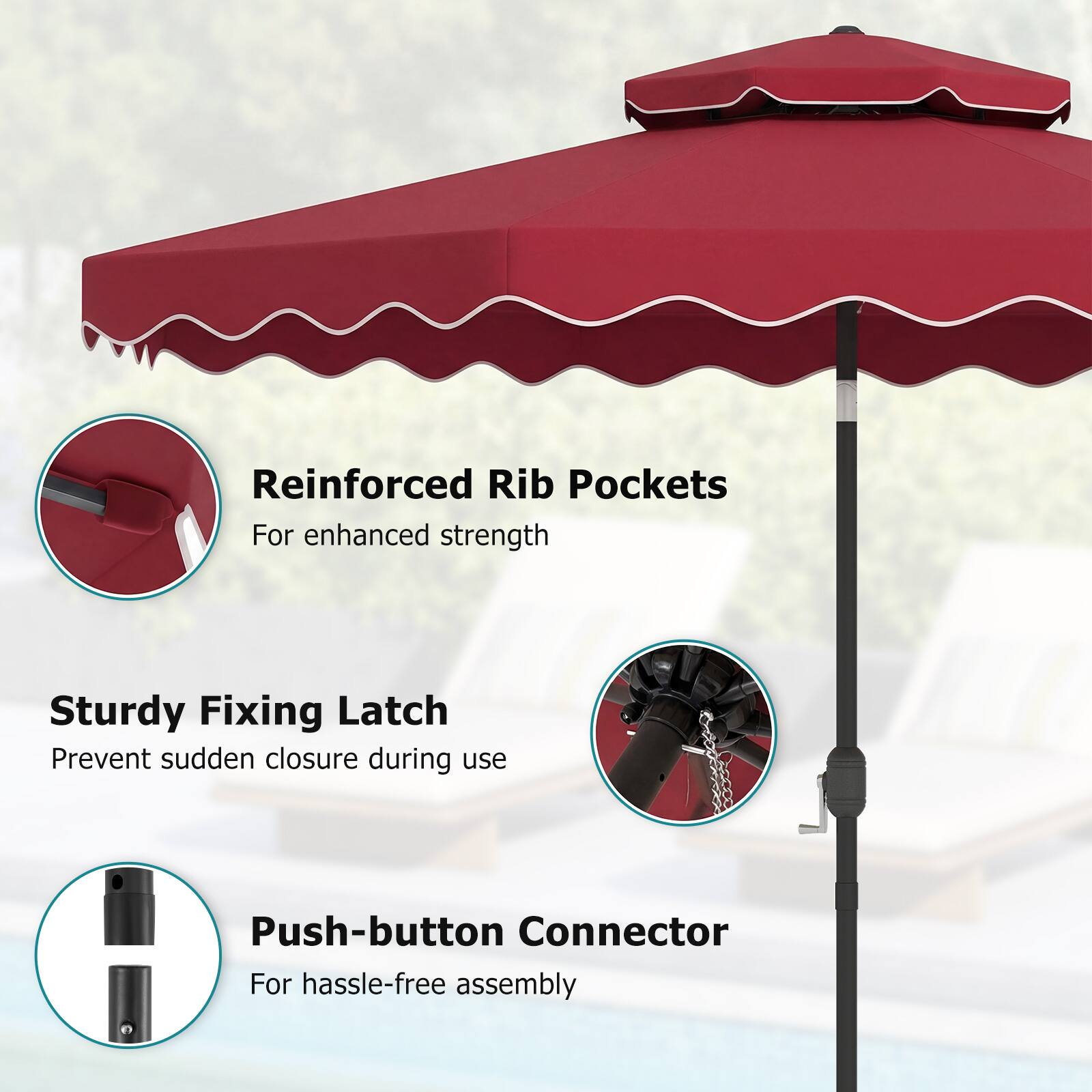 Reinforced Rib Pockets  
For enhanced strength  

Sturdy Fixing Latch  
Prevent sudden closure during use  

Push-button Connector  
For hassle-free assembly