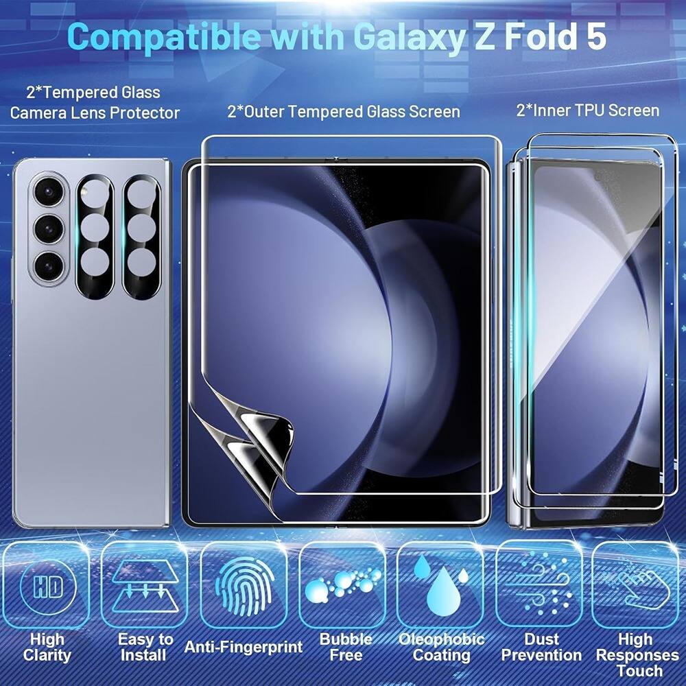 Compatible with Galaxy Z Fold 5

- 2*Tempered Glass Camera Lens Protector
- 2*Outer Tempered Glass Screen
- 2*Inner TPU Screen

Features:
- High Clarity
- Easy to Install
- Anti-Fingerprint
- Bubble Free
- Oleophobic Coating
- Dust Prevention
- High Responses Touch