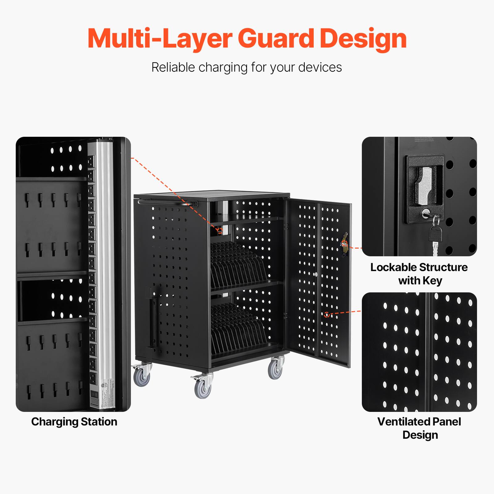 Multi-Layer Guard Design  
Reliable charging for your devices  

- Charging Station  
- Lockable Structure with Key  
- Ventilated Panel Design