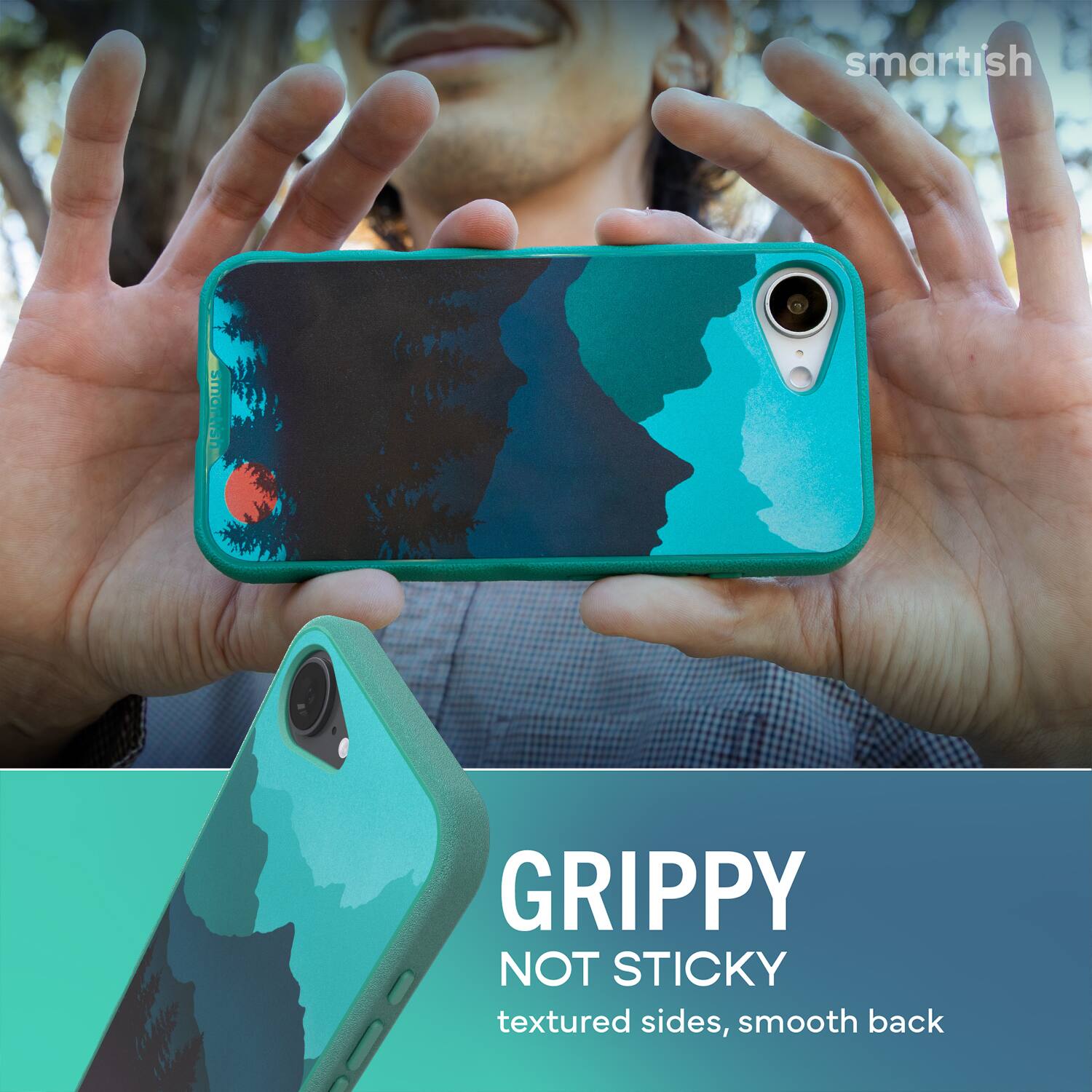 smartish  
GRIPPY NOT STICKY  
textured sides, smooth back
