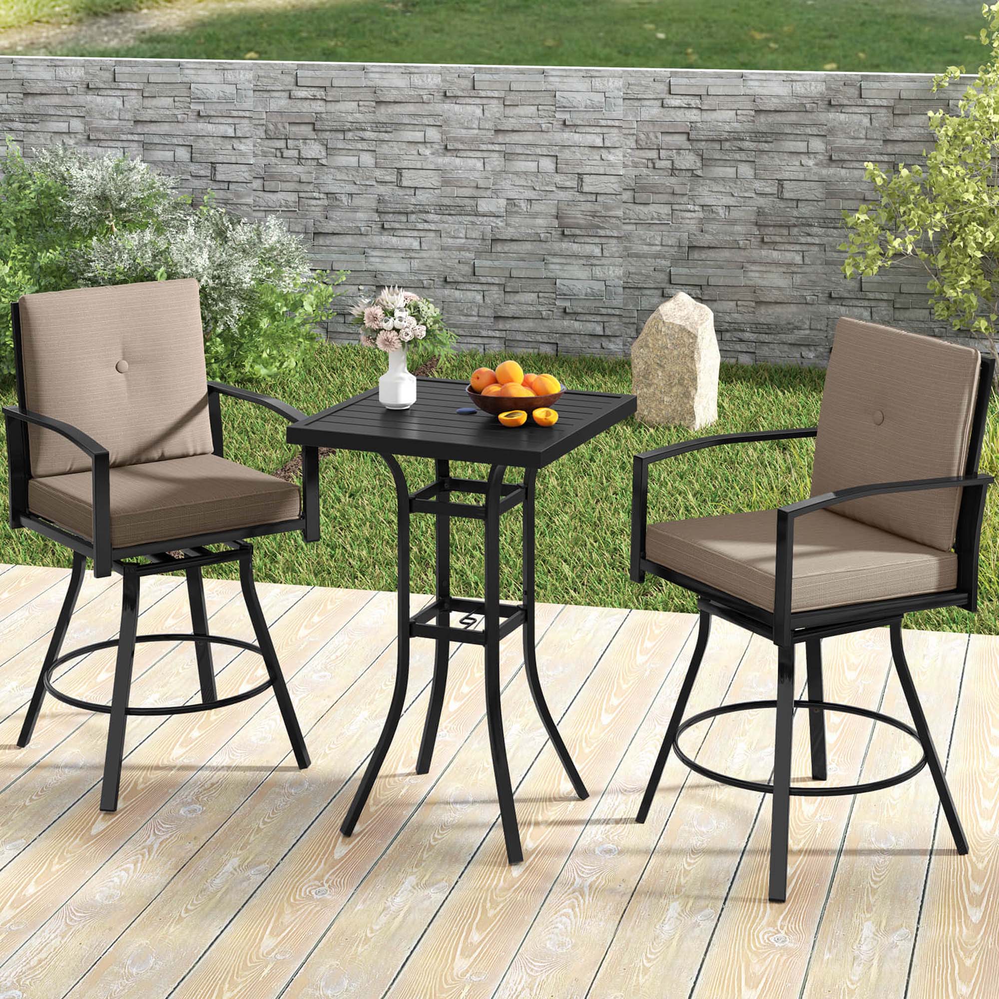 Alt View 4. Costway - 3 PCS Patio Swivel Bar Set Table and Chairs Set with Soft Cushions & Umbrella Hole - Black+Brown.