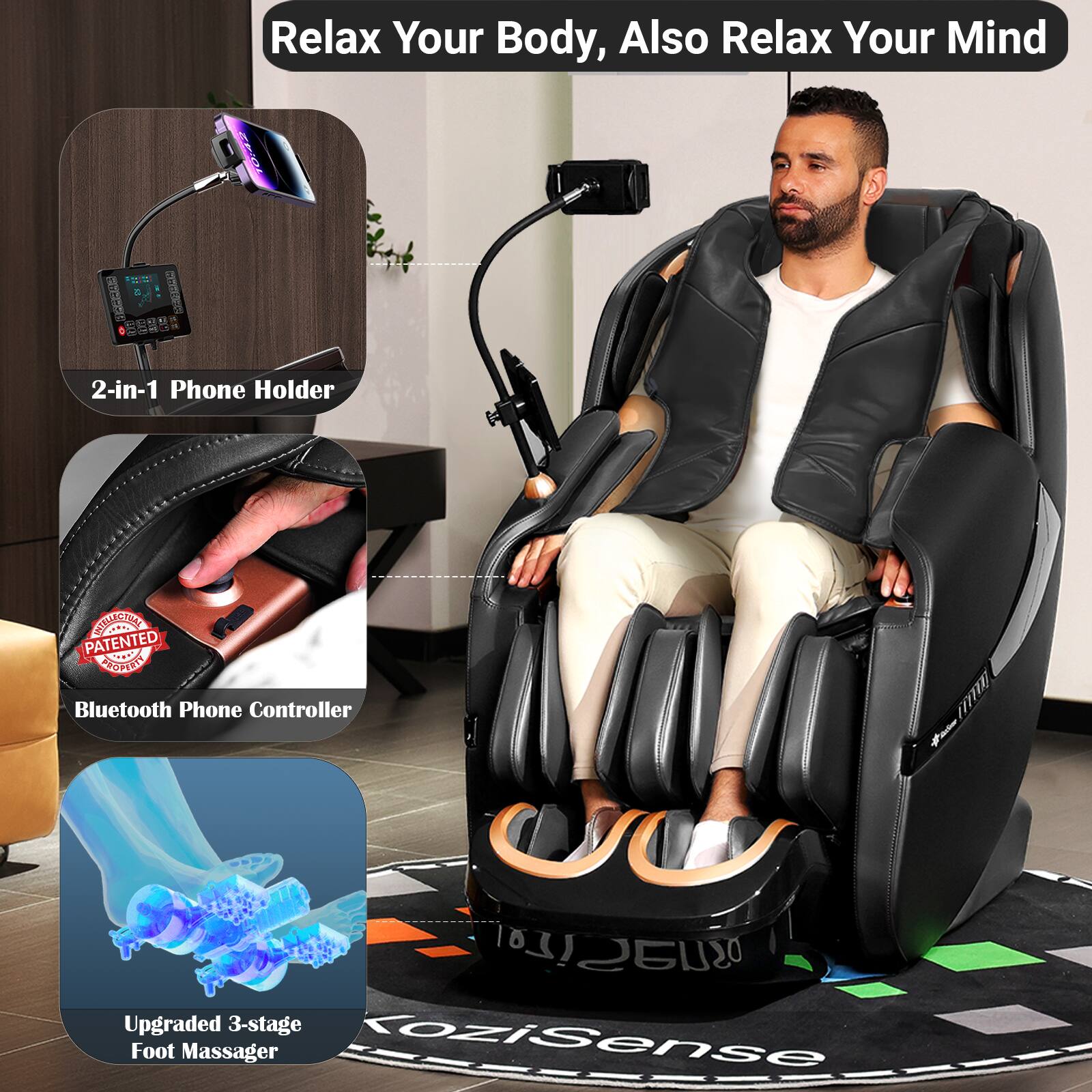 Relax Your Body, Also Relax Your Mind

2-in-1 Phone Holder

Bluetooth Phone Controller

Upgraded 3-stage Foot Massager