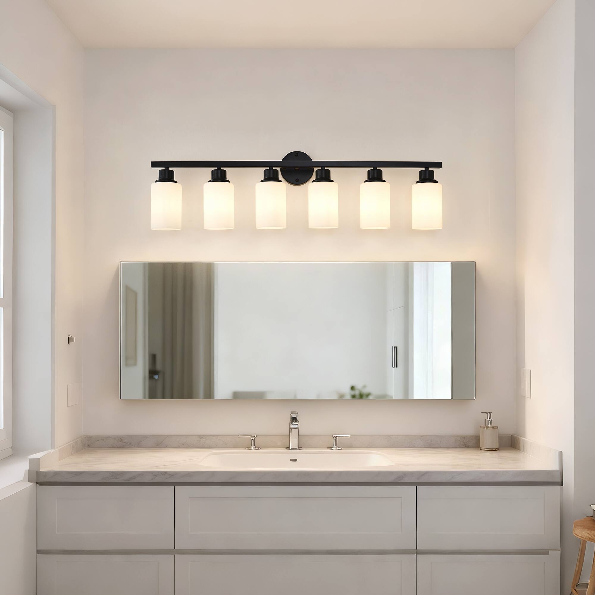 Left. TinyHomie - 6 Light Matte Black Wall Lamps with White Glass Shades No Bulbs Sconce Lighting for Bedroom Living Room.