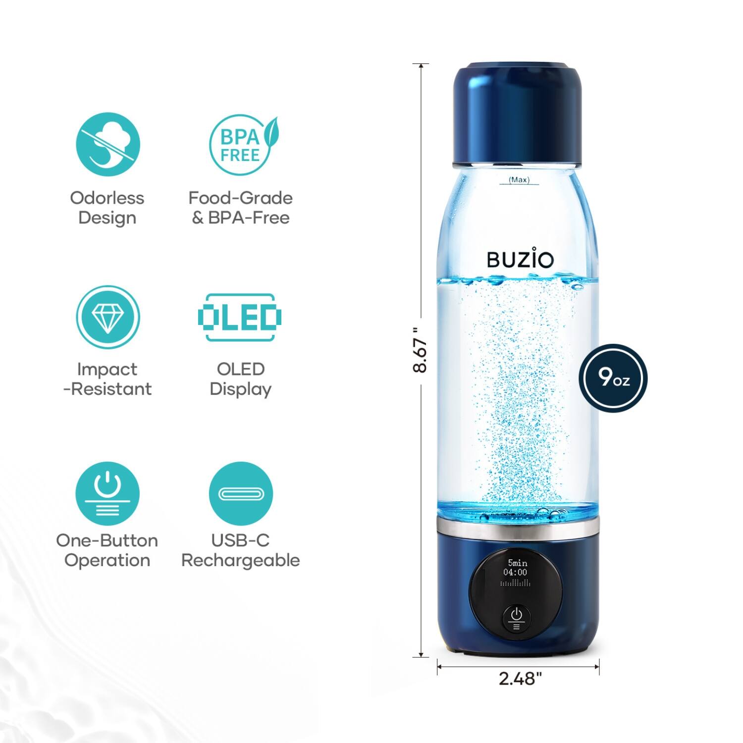 - BPA Free
- Odorless Design
- Food-Grade & BPA-Free
- Impact-Resistant
- OLED Display
- One-Button Operation
- USB-C Rechargeable
- 8.67" (Max)
- 9 oz
- 2.48"