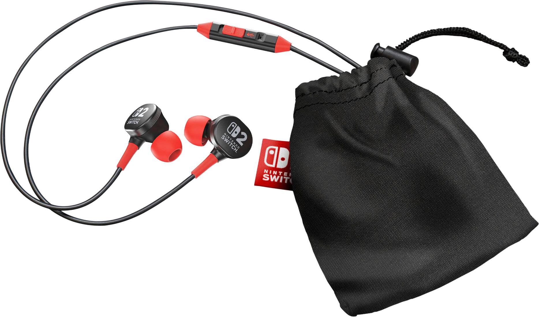 The image shows a pair of Nintendo Switch earphones with a black pouch. The earphones are red and black in color, and they are designed for use with the Nintendo Switch gaming console. The pouch is used to store the earphones when not in use, and it is also black in color. The earphones are connected to the pouch, and the pouch is placed next to the earphones.
