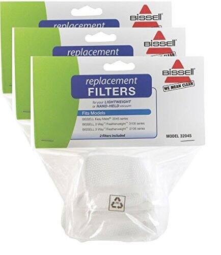 BISSELL Replacement Filters  
For Your Lightweight or Hand-Held Vacuum  
Fits Models:  
BISSELL 3046 Series  
BISSELL 3 Way "Featherweight" 3106 Series  
BISSELL 3 Way "Featherweight" 3106 Series  
2 Filters Included  
Model 32045