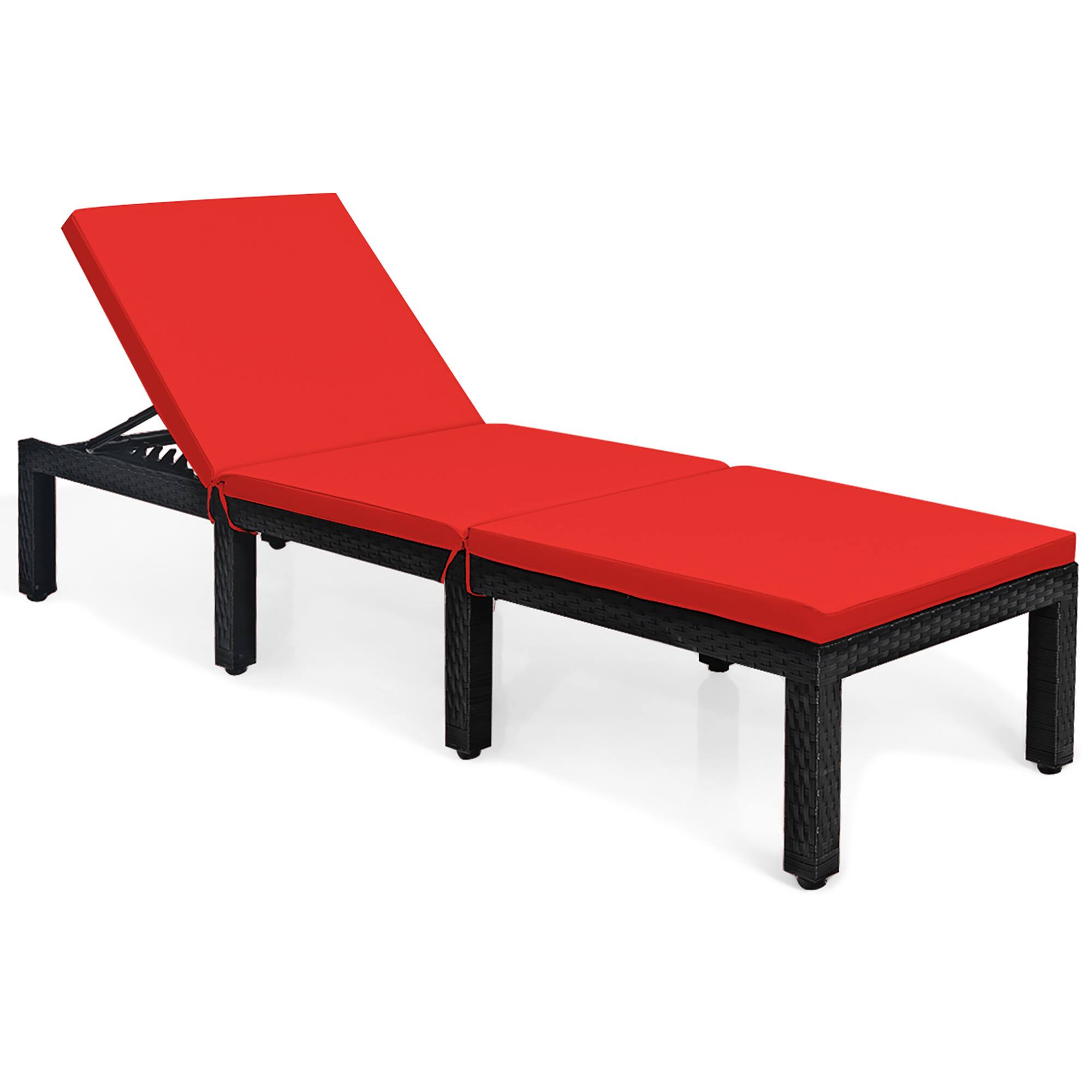 Left. Costway - Patio Rattan Lounge Chair Chaise Recliner Adjust Cushion Cover - Red/Off white.