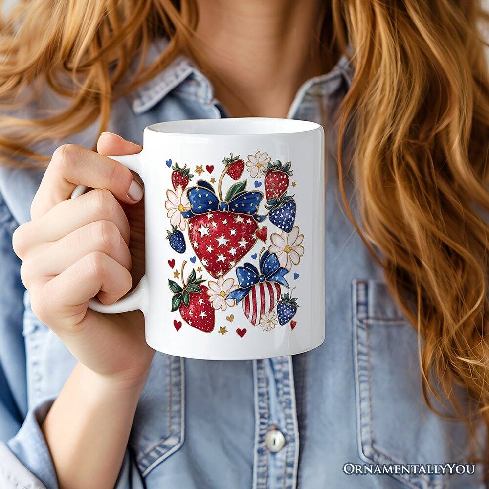 Left. OrnamentallyYou - Patriotic Boho Strawberries Bouquet Mug, 4th of July Gift - White.