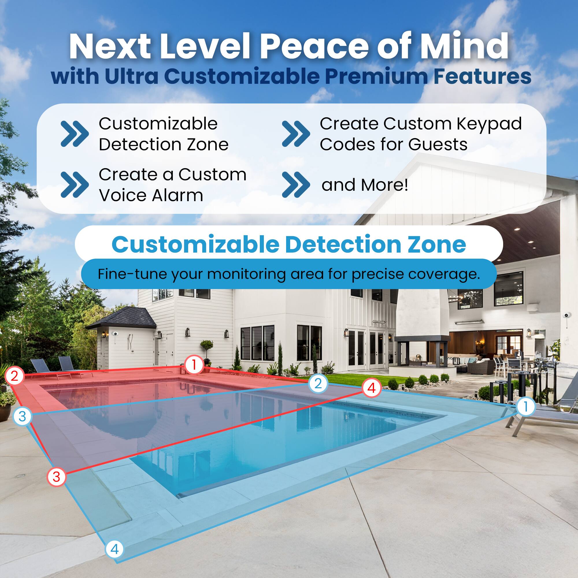 Next Level Peace of Mind with Ultra Customizable Premium Features

Customizable Detection Zone
Create a Custom Voice Alarm
Create Custom Keypad Codes for Guests
and More!

Customizable Detection Zone
Fine-tune your monitoring area for precise coverage.

2 3 1 2 4 1 3 4