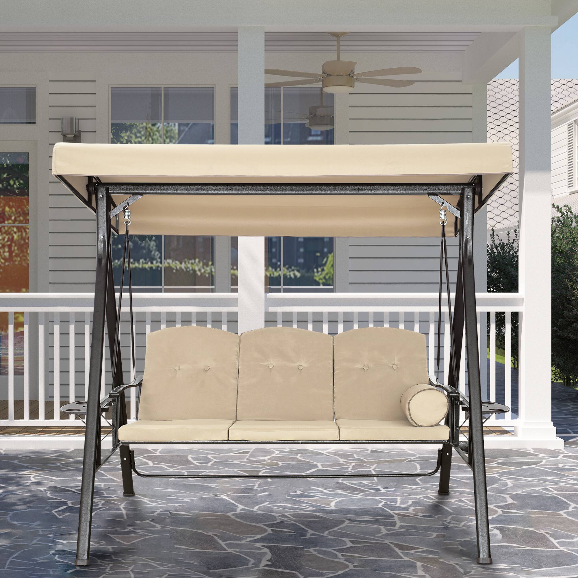 Left. Mondawe - 3 Person Outdoor Steel Canopy Swing with Removable Mat and Convertible Canopy - Dark Brown.