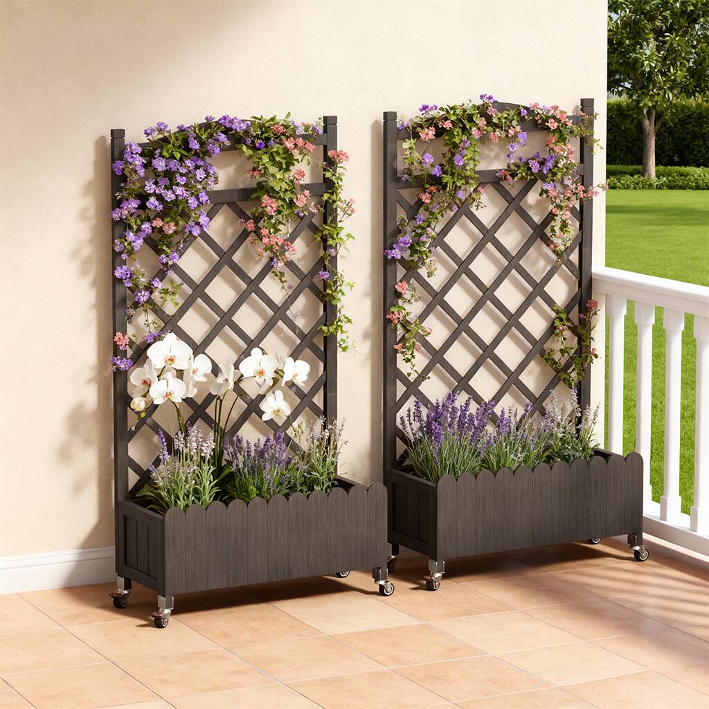 Alt View 4. CloudRest Pro - Raised Garden Bed with Trellis and Wheels 48 Inch Elevated Planter Box with Drainage Holes 2 Pack - Brown.