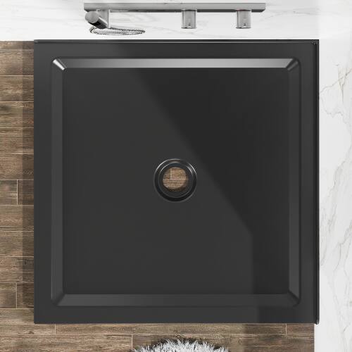 Left. JUJABU - 36"x36" Shower Base Anti-slip Acrylic Center Drain Double Threshold Shower Basin in Black - Black.