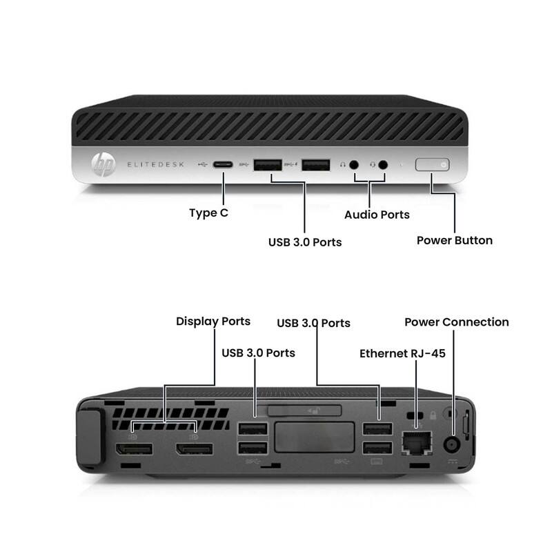 hp ELITEDESK  
- Type C  
- Audio Ports  
- USB 3.0 Ports  
- Power Button  
- Display Ports  
- USB 3.0 Ports  
- Power Connection  
- Ethernet RJ-45
