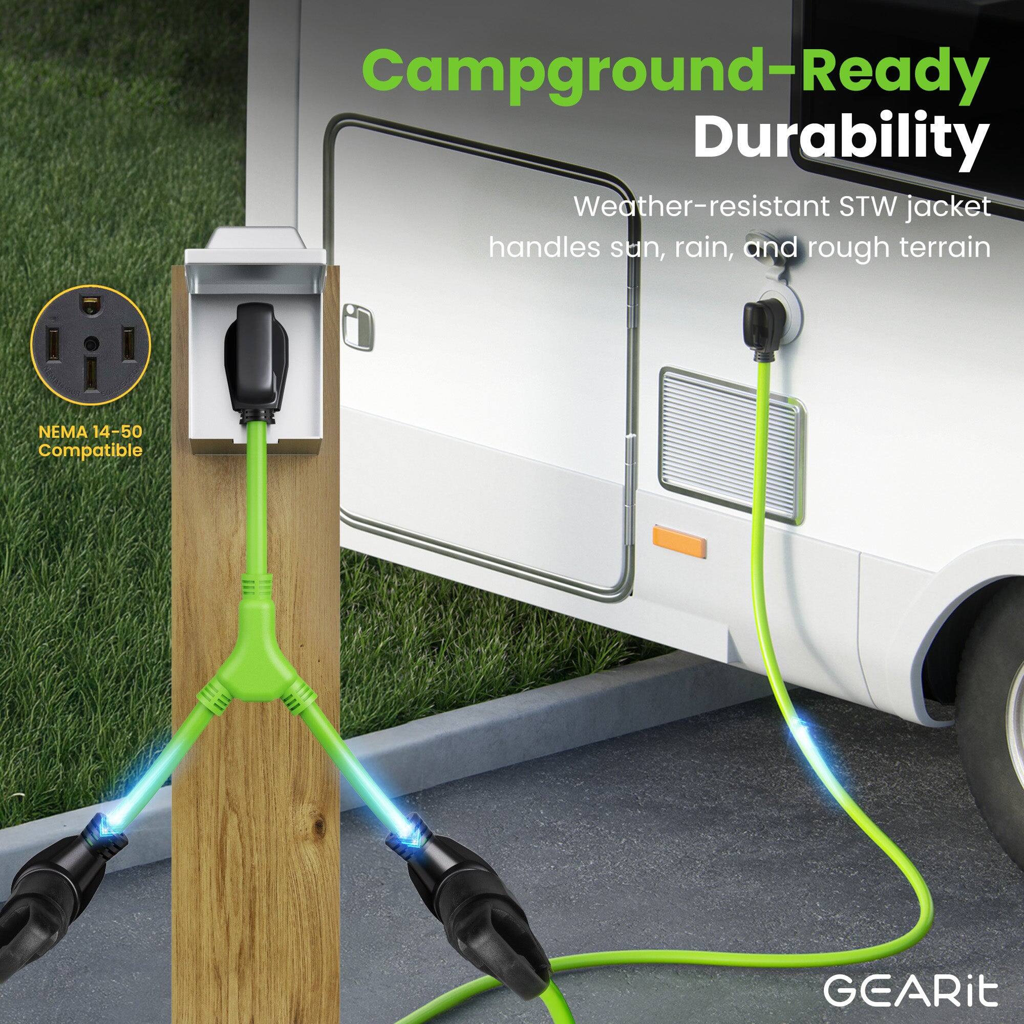 Campground-Ready Durability  
Weather-resistant STW jacket handles sun, rain, and rough terrain  
NEMA 14-50 Compatible  
GEARit