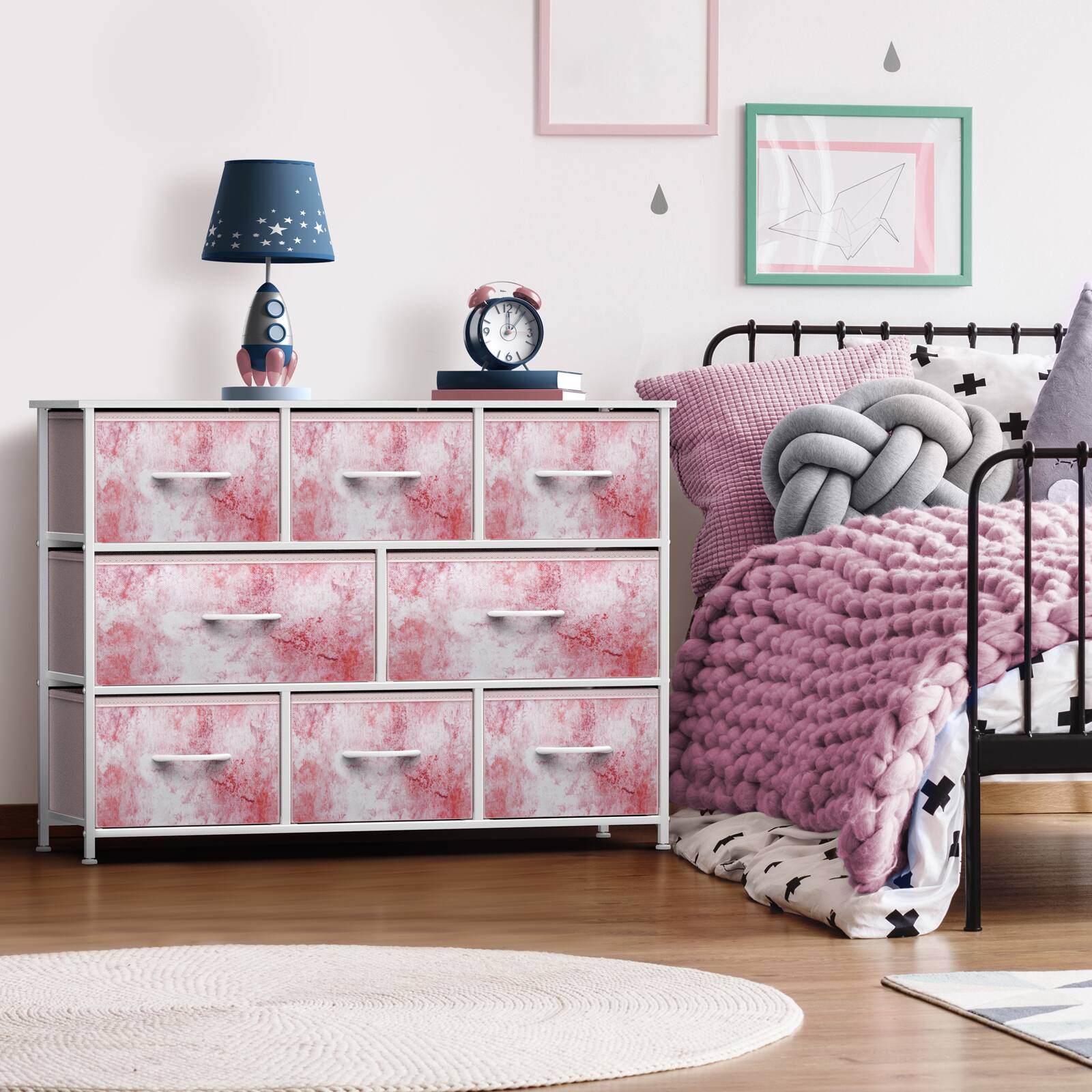Angle. Sorbus - Sorbus 8 Drawers Wide Dresser - Organizer Unit with Steel Frame, Wood Top, and Handle, and Fabric Bins - Tie dye pink.