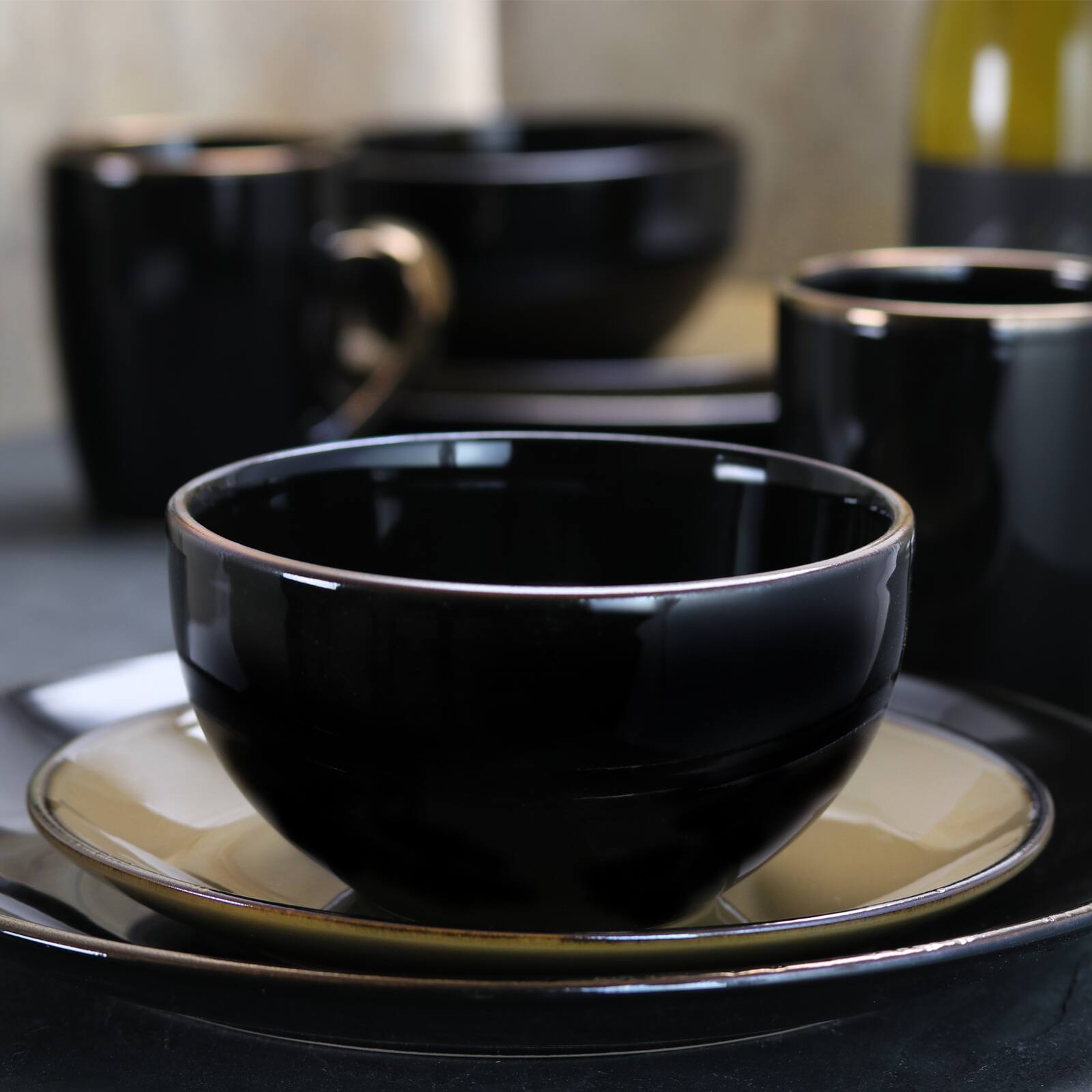 Alt View 2. Elama - Elama Cambridge Grand 16-Piece Dinnerware Set in Luxurious Black and Warm Taupe with Complete Setting for 4 - Black and Taupe.