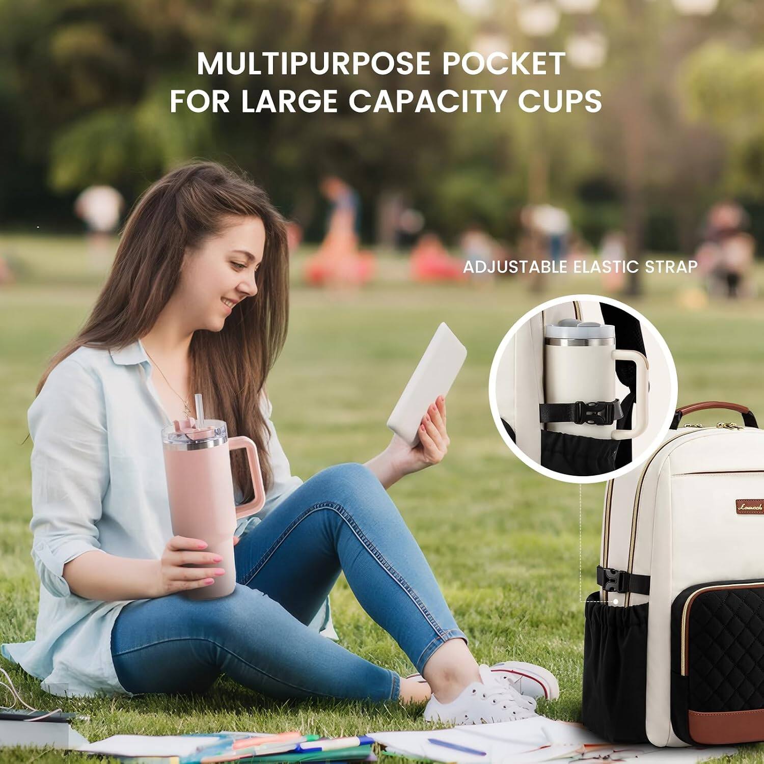 MULTIPURPOSE POCKET FOR LARGE CAPACITY CUPS  
ADJUSTABLE ELASTIC STRAP