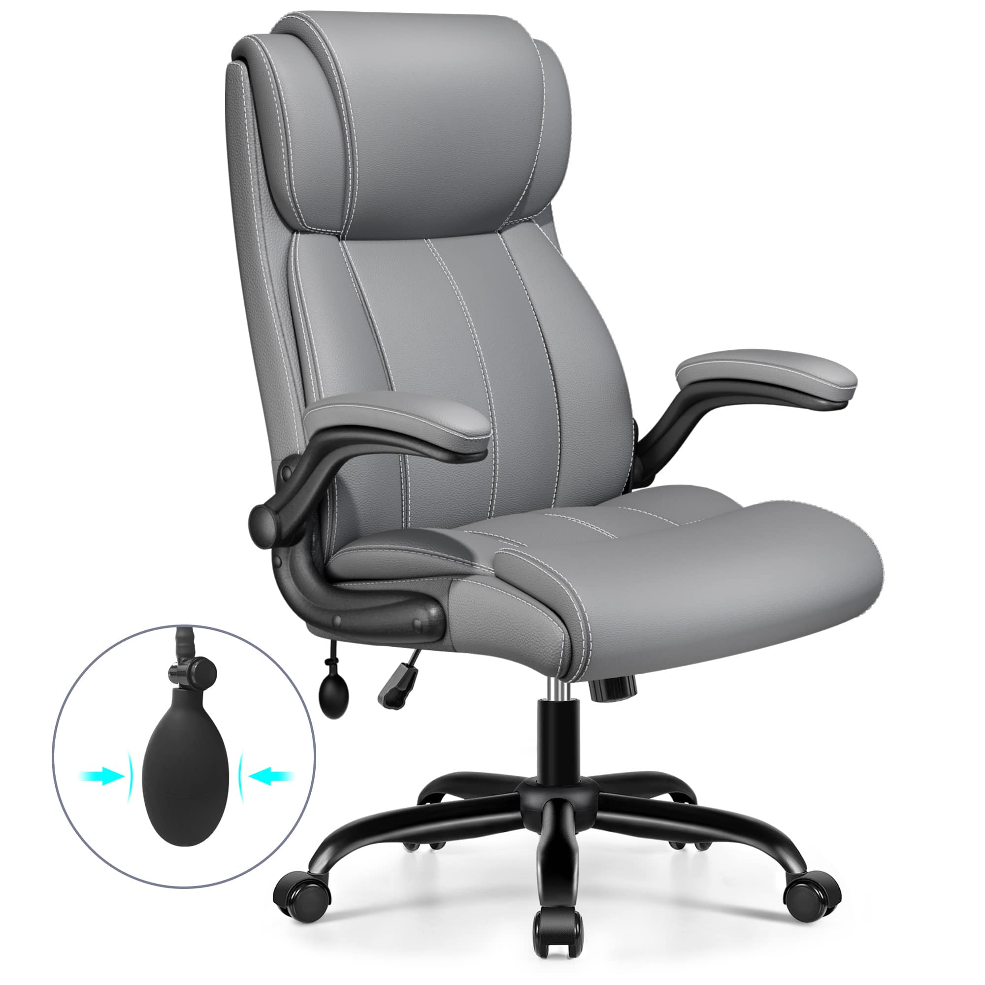 Front. KERDOM - Ergonomic Office Chair - Desk Computer Chair, PU Leather High Back Executive Chair, Inflatable Lumbar Support, Wide Seat - Grey.