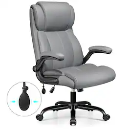 KERDOM - Ergonomic Office Chair - Desk Computer Chair, PU Leather High Back Executive Chair, Inflatable Lumbar Support, Wide Seat - Gray