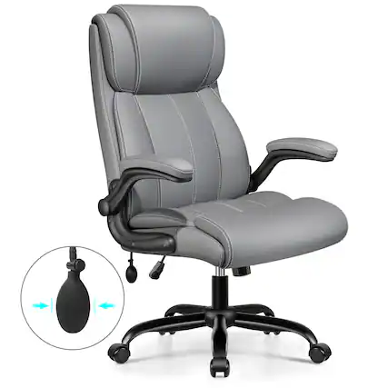 Front. KERDOM - Ergonomic Office Chair - Desk Computer Chair, PU Leather High Back Executive Chair, Inflatable Lumbar Support, Wide Seat - Grey.