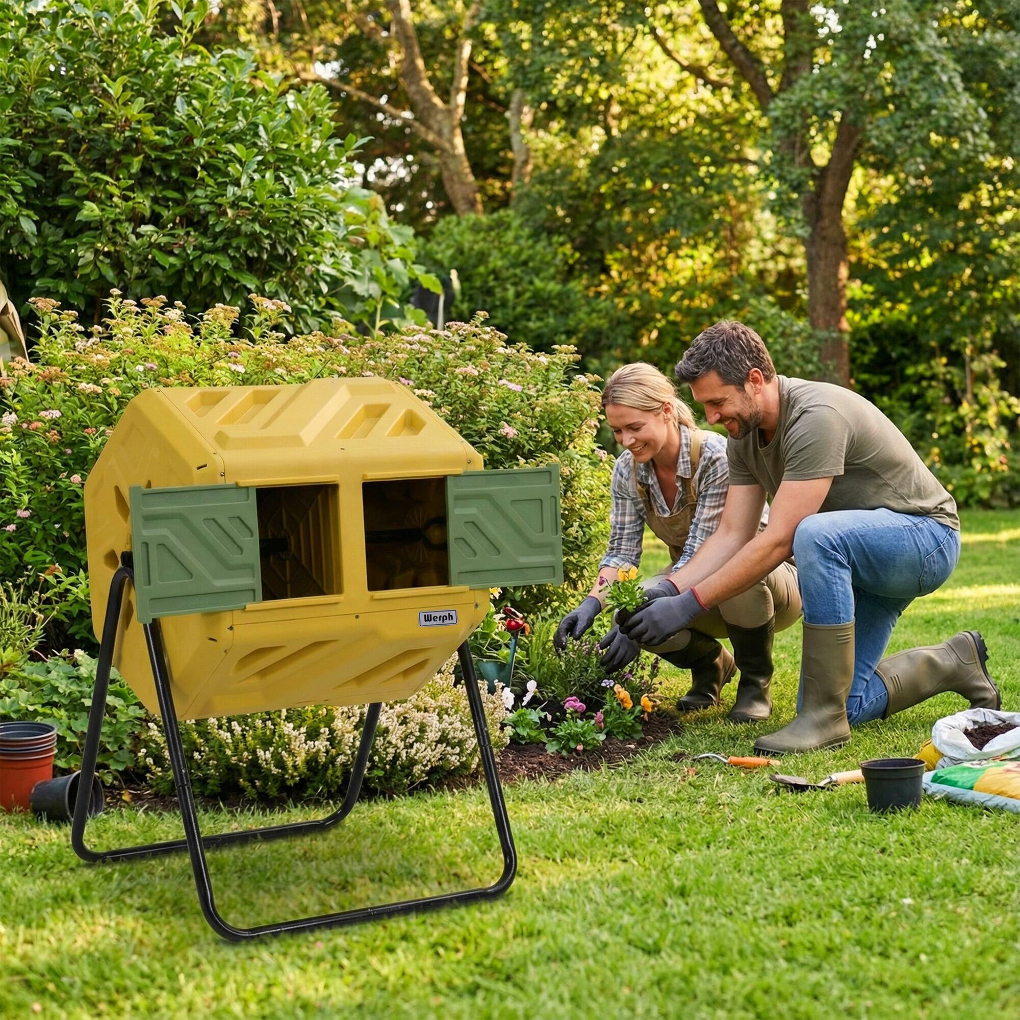 Alt View 4. Werph - 43 Gallon Dual Chamber Compost Tumbler, Fast Assembly with Gloves, 360° Rotating for Garden, Kitchen & Yard Waste - Yellow.
