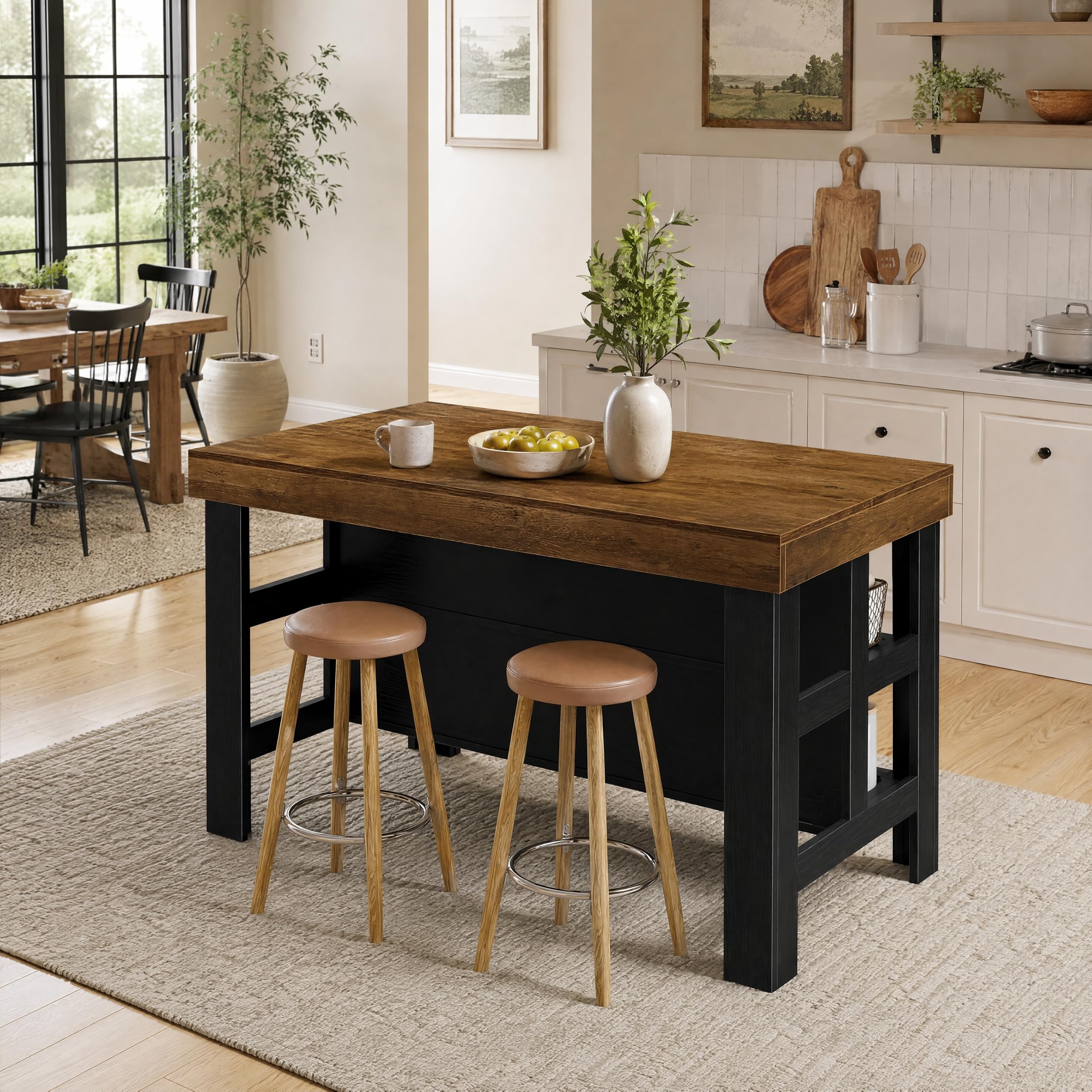 Alt View 3. Tribesigns - Kitchen Island with Storage Shelves (Brown and Black) - Brown and Black.