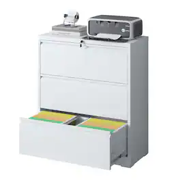 Loheer - 3 Drawer Lateral File Cabinet White Locking Metal Filing Cabinet for Home Office Legal Letter A4