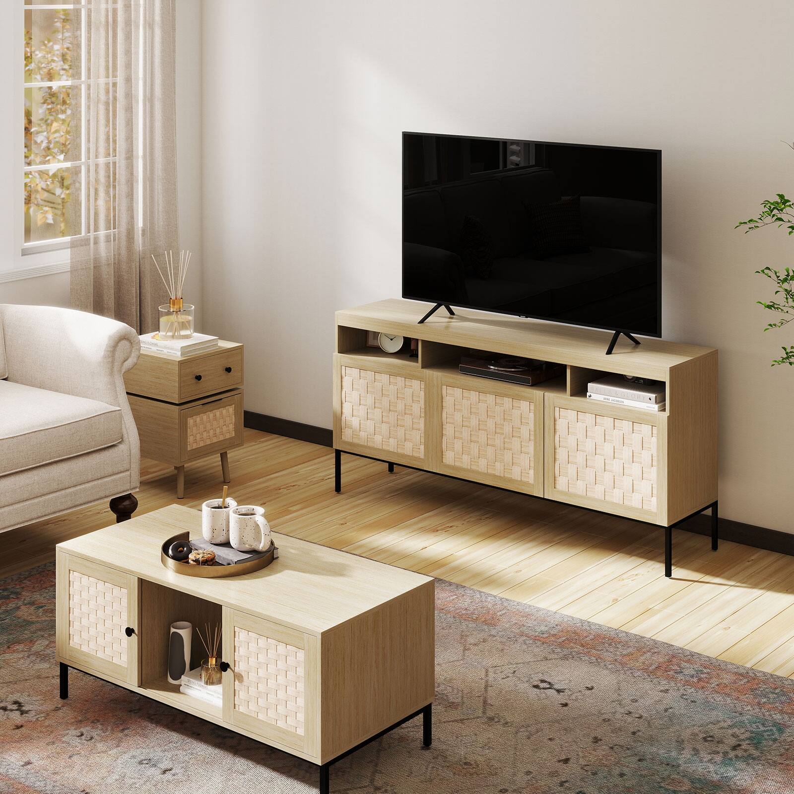 Angle. Bestier - TV Stand for TVs up to 70” with Woven Wood Doors, Adjustable Shelf, Cable Management and Metal Legs - wooden.