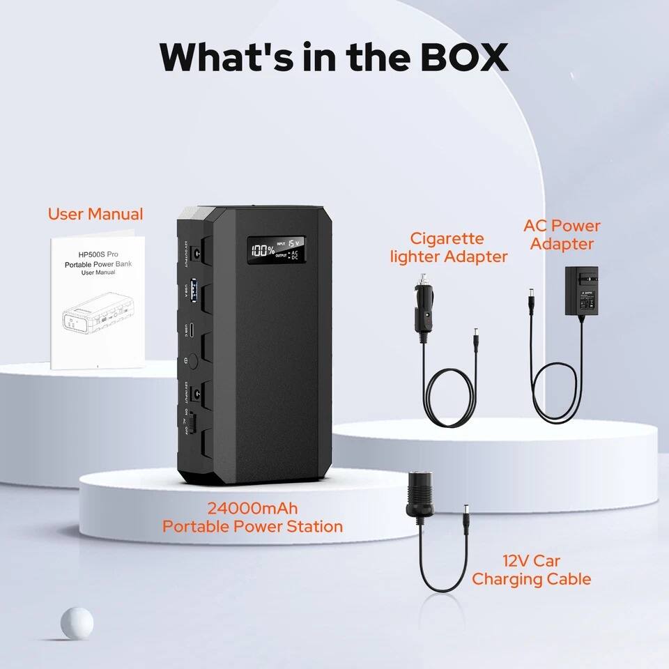 What's in the BOX

- User Manual
- 24000mAh Portable Power Station
- Cigarette lighter Adapter
- AC Power Adapter
- 12V Car Charging Cable