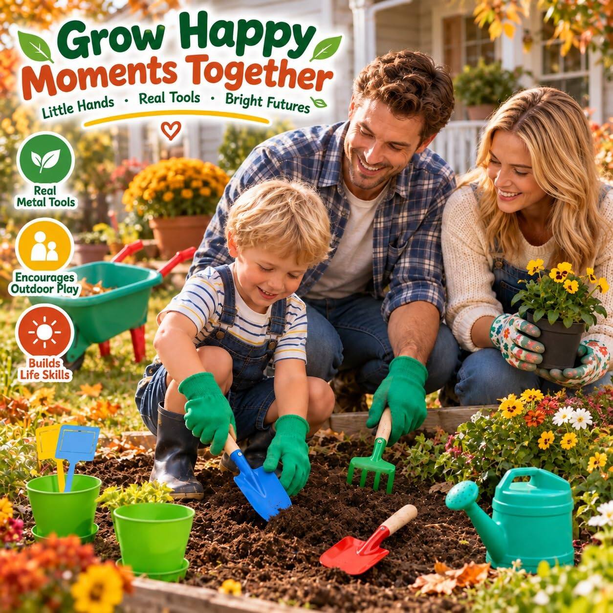 Grow Happy Moments Together  
Little Hands • Real Tools • Bright Futures  

Real Metal Tools  
Encourages Outdoor Play  
Builds Life Skills