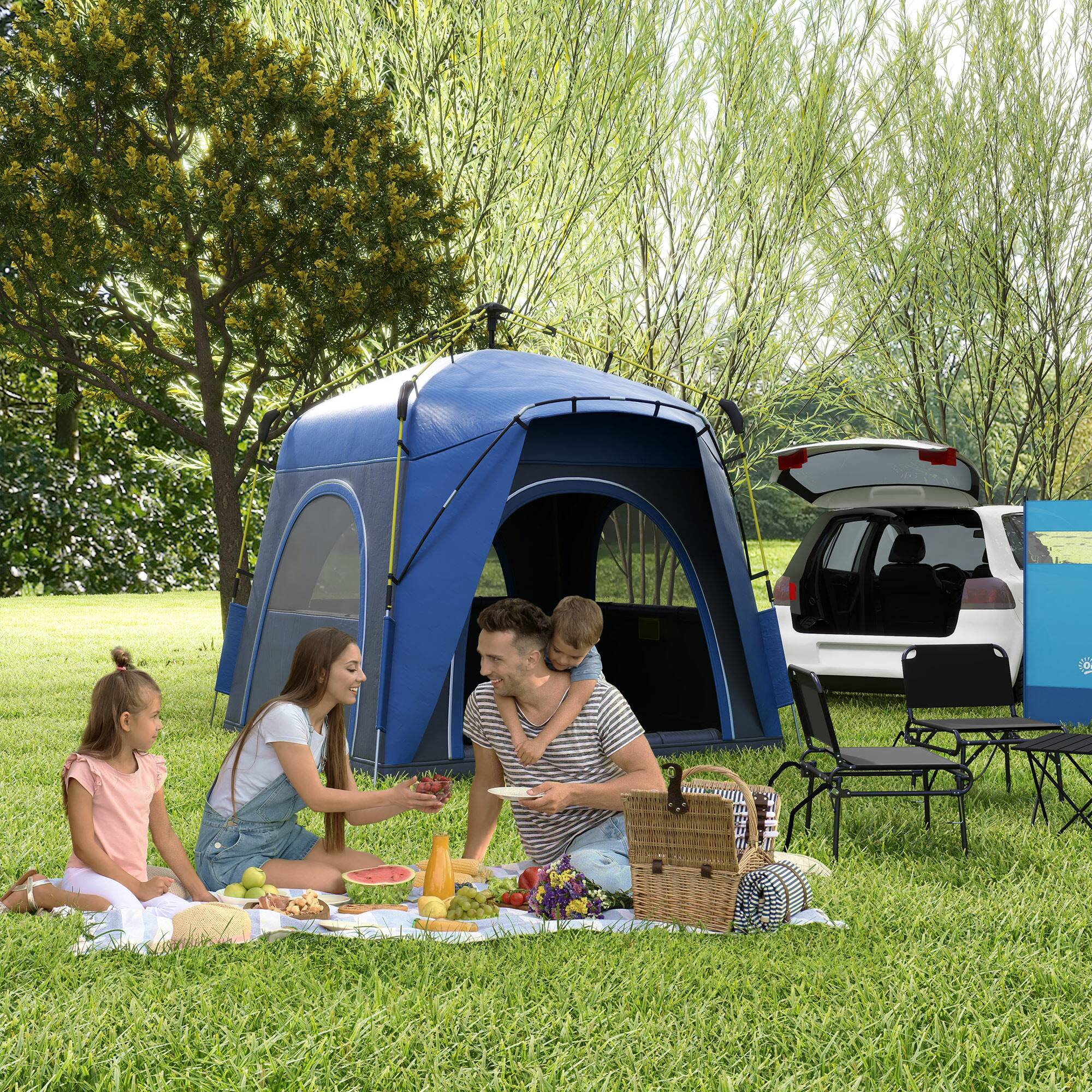 Alt View 1. Outsunny - Person Pop Up Camping Tent Quick Setup Automatic Hydraulic Family Travel Tent w/ Windows Doors Carry Bag - Blue.