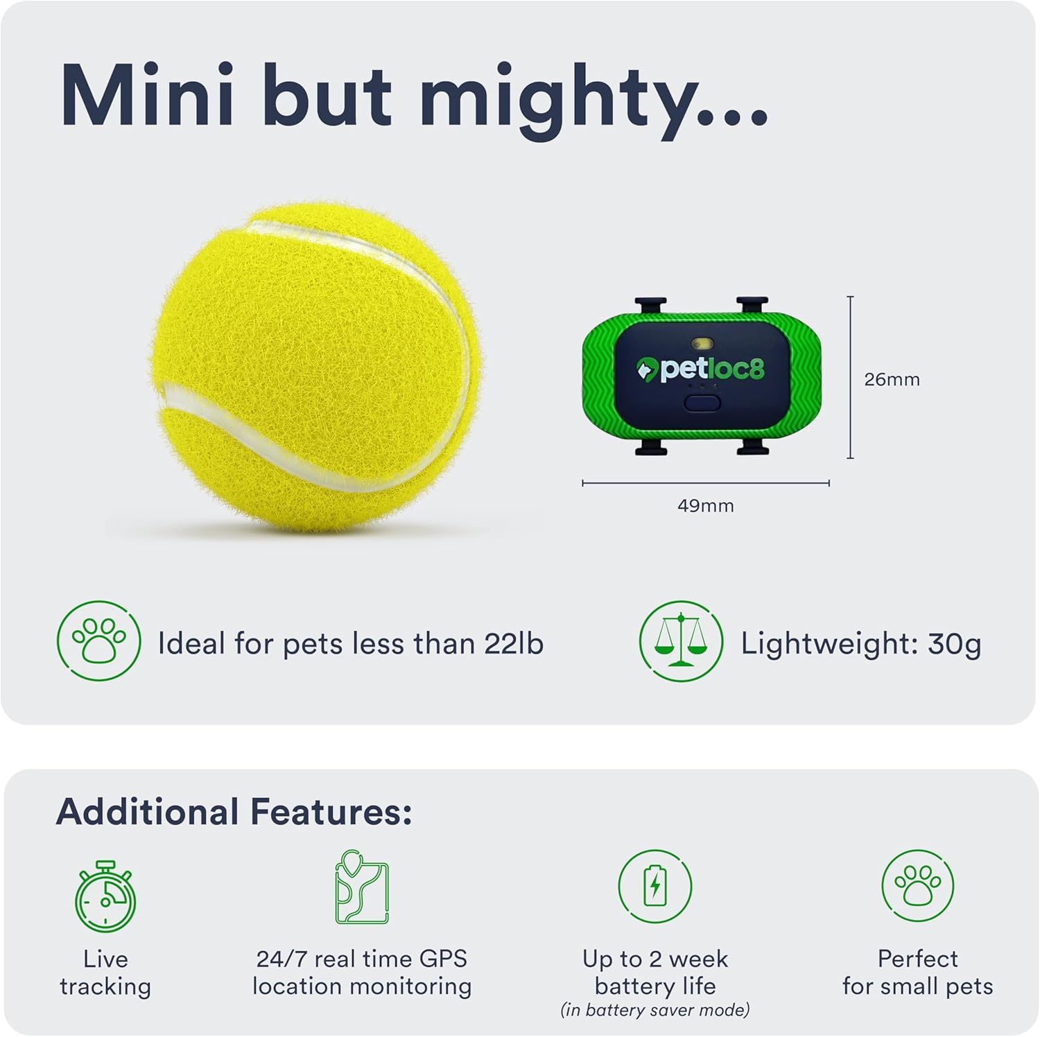 Mini but mighty...

- Ideal for pets less than 22lb
- Lightweight: 30g

Additional Features:
- Live tracking
- 24/7 real time GPS location monitoring
- Up to 2 week battery life (in battery saver mode)
- Perfect for small pets