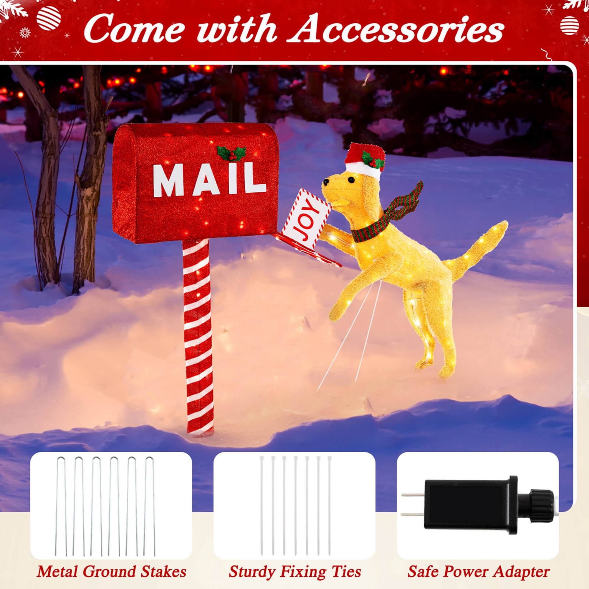 The corrected text from the image is:

"Come with Accessories
- MAIL JOY
- Metal Ground Stakes
- Sturdy Fixing Ties
- Safe Power Adapter"