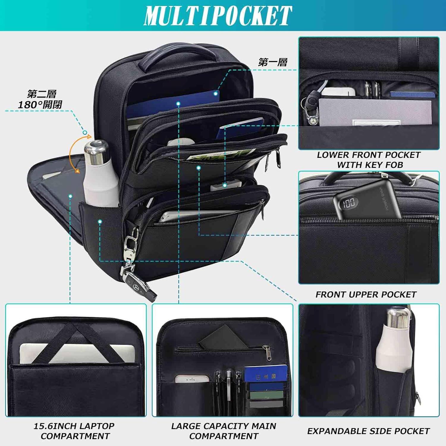 MULTIPOCKET

- LOWER FRONT POCKET WITH KEY FOB
- FRONT UPPER POCKET
- 15.6INCH LAPTOP COMPARTMENT
- LARGE CAPACITY MAIN COMPARTMENT
- EXPANDABLE SIDE POCKET

第一層
180°開閉
