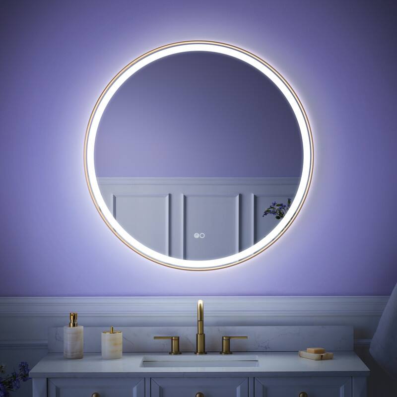 Angle. WELLFOR - 36 in Framed Round LED Bathroom Mirror, Anti-Fog Wall-Mounted Vanity Mirror with Dimmable& Memory Function - Brushed Gold.
